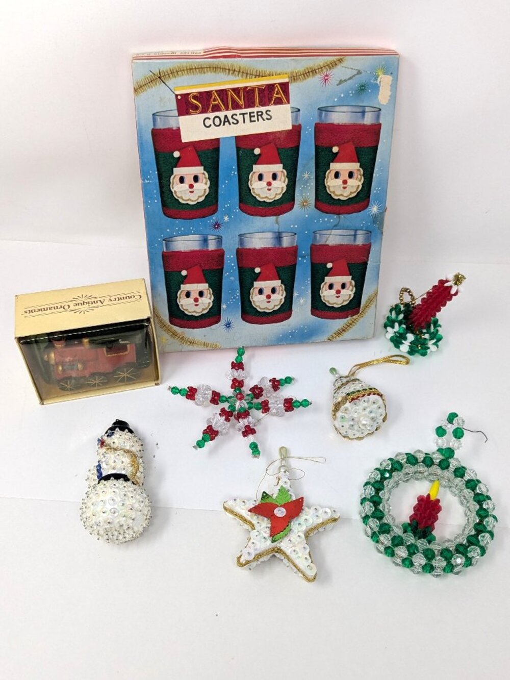 Vintage Christmas Ornaments Lot 8 Grandmas MCM Beaded Push pin Cup huggers